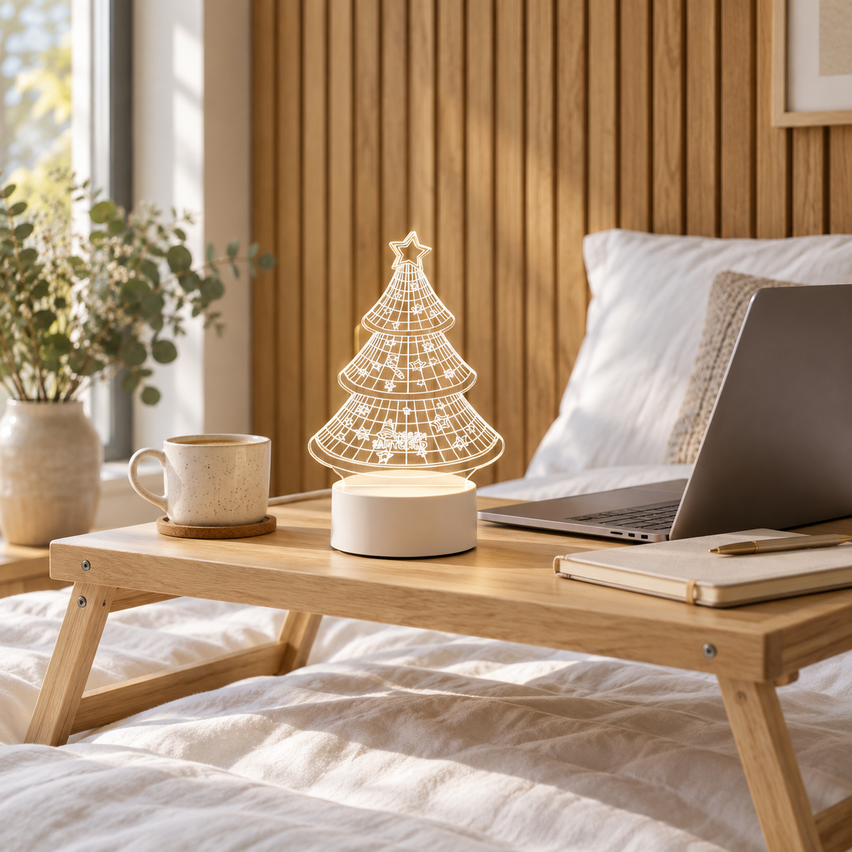 Christmas Tree 3D acrylic LED lamp by Dreamuno on a wooden bedside table