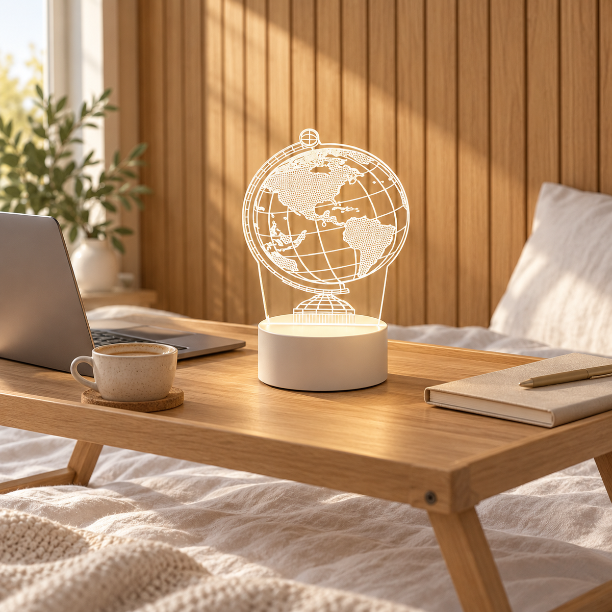 Globe 3D acrylic LED lamp by Dreamuno on a wooden bedside table