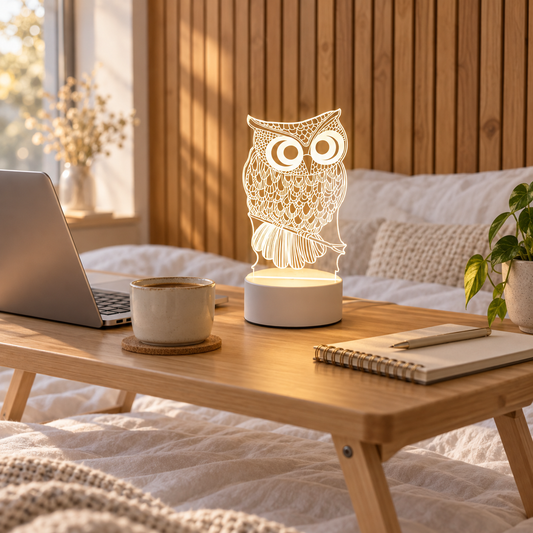 Owl 3D acrylic LED lamp by Dreamuno on a wooden bedside table