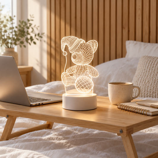 Sleepy Bear 3D acrylic LED lamp by Dreamuno on a wooden bedside table
