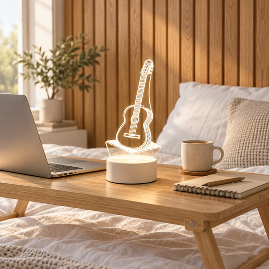Acoustic Guitar 3D acrylic LED lamp by Dreamuno on a wooden bedside table