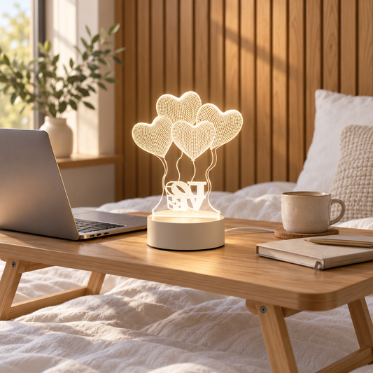 Heart Balloons 3D acrylic LED lamp by Dreamuno on a wooden bedside table