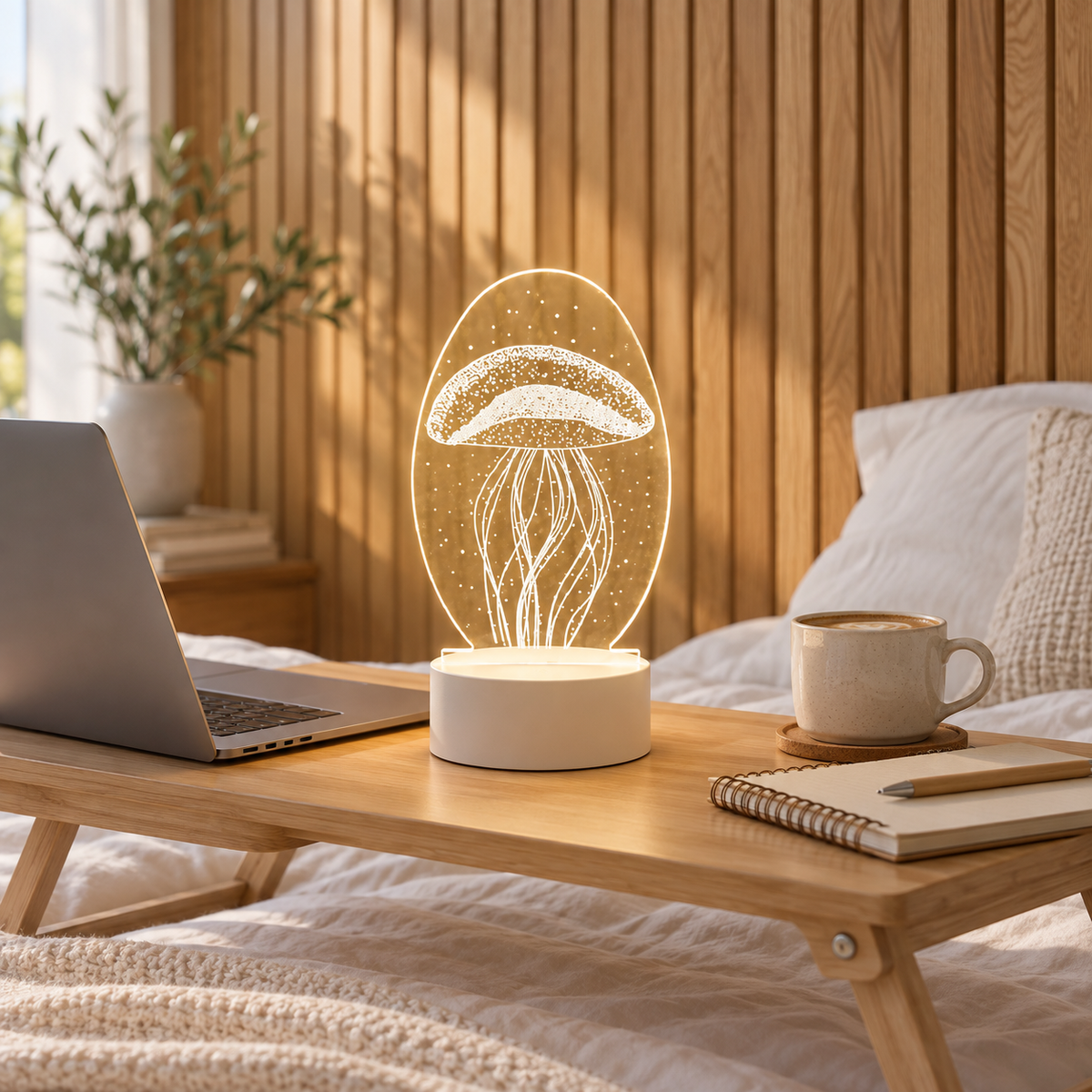 Jellyfish 3D acrylic LED lamp by Dreamuno on a wooden bedside table