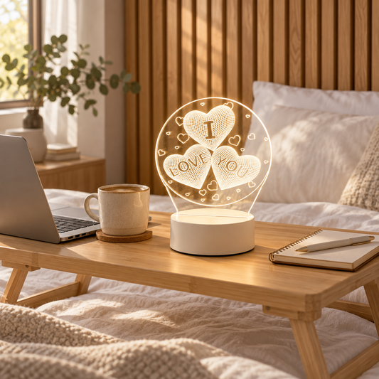I Love You Hearts 3D acrylic LED lamp by Dreamuno on a wooden bedside table