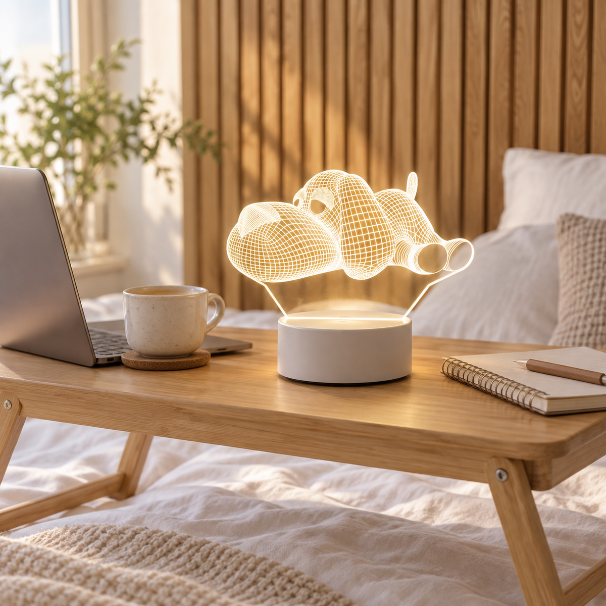 Sleeping Puppy 3D acrylic LED lamp by Dreamuno on a wooden bedside table