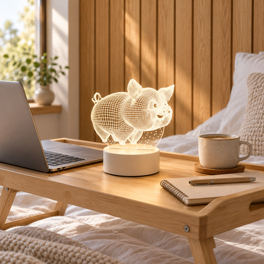 Piglet 3D acrylic LED lamp by Dreamuno on a wooden bedside table
