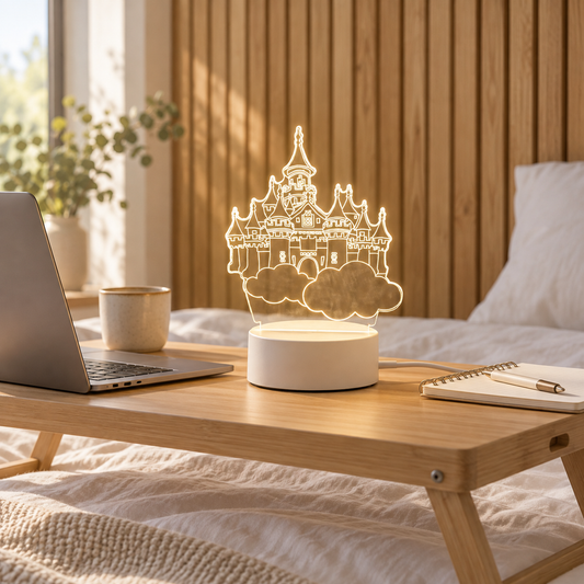 Fairytale Castle 3D acrylic LED lamp by Dreamuno on a wooden bedside table