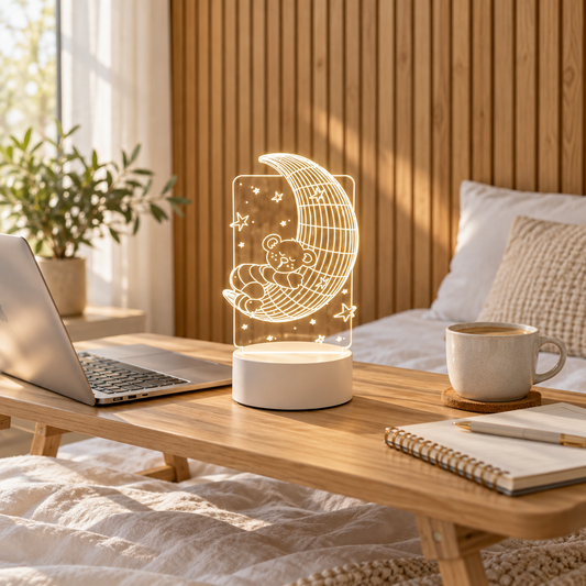 Moon Bear 3D acrylic LED lamp by Dreamuno on a wooden bedside table