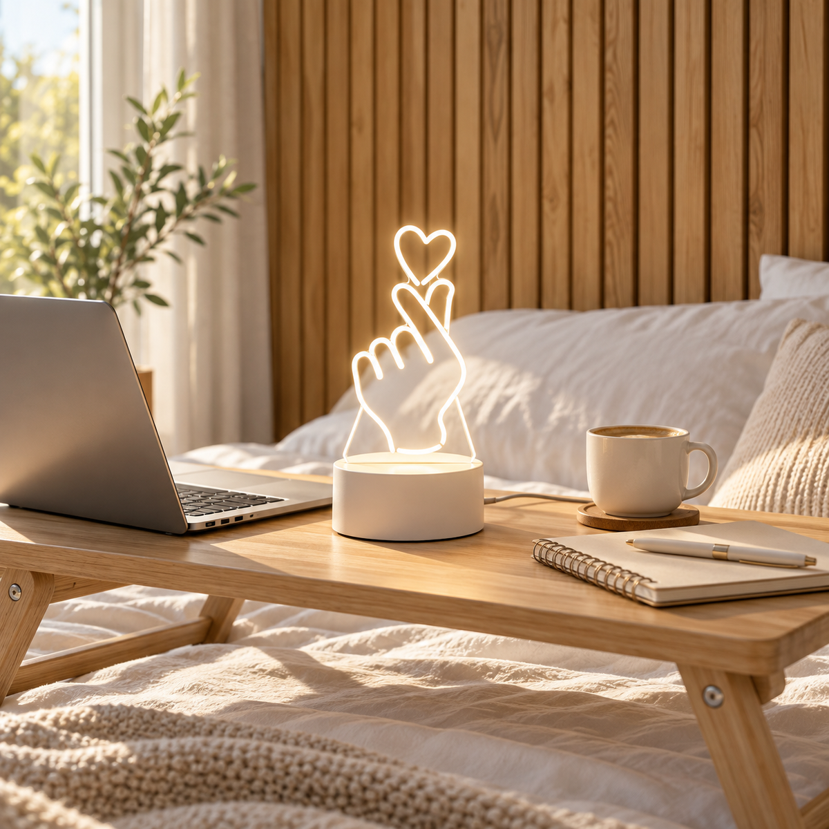 Finger Heart 3D acrylic LED lamp by Dreamuno on a wooden bedside table