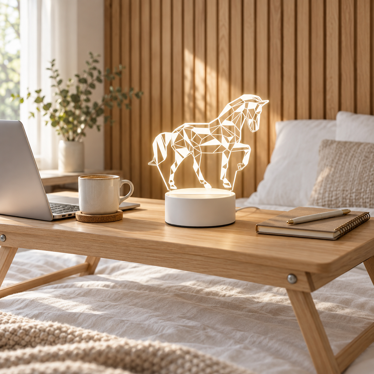 Geometric Horse 3D acrylic LED lamp by Dreamuno on a wooden bedside table