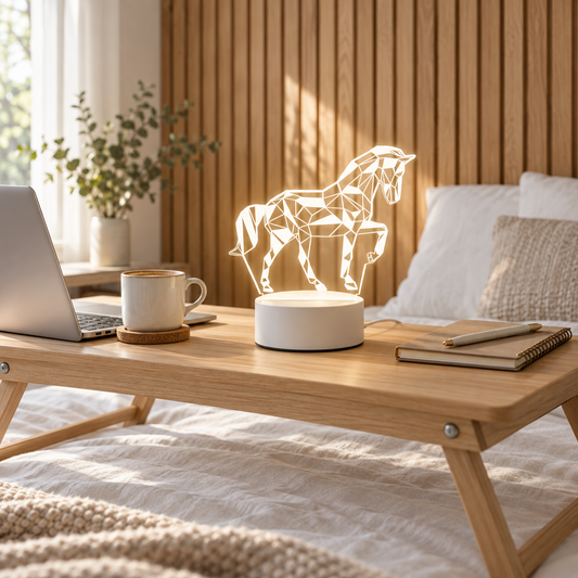 Geometric Horse 3D acrylic LED lamp by Dreamuno on a wooden bedside table