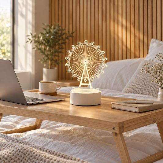 Ferris Wheel 3D acrylic LED lamp by Dreamuno on a wooden bedside table