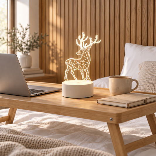 Geometric Deer 3D acrylic LED lamp by Dreamuno on a wooden bedside table