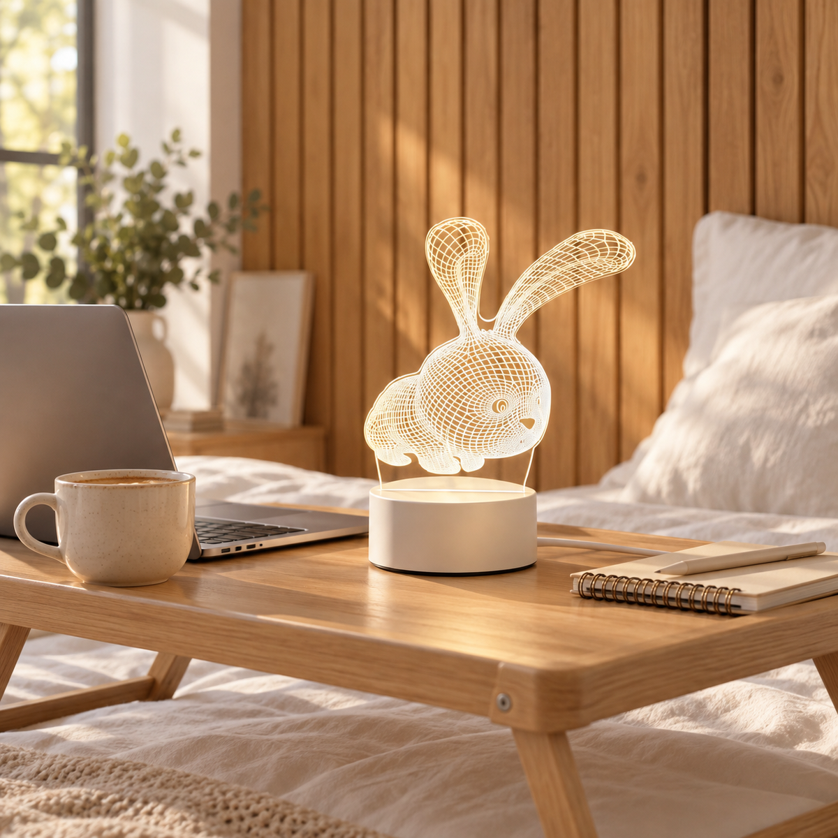 Bunny 3D acrylic LED lamp by Dreamuno on a wooden bedside table