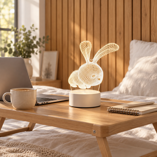 Bunny 3D acrylic LED lamp by Dreamuno on a wooden bedside table