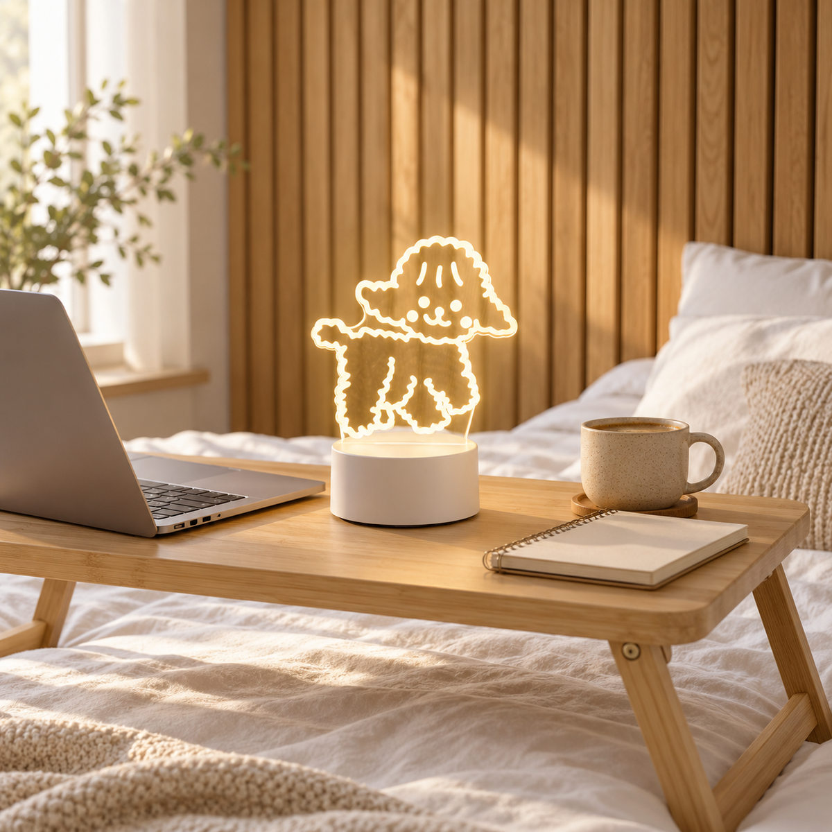 Puppy 3D acrylic LED lamp by Dreamuno on a wooden bedside table