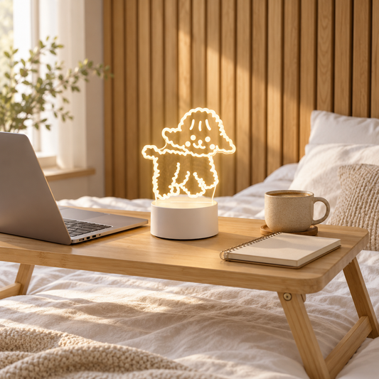 Puppy 3D acrylic LED lamp by Dreamuno on a wooden bedside table