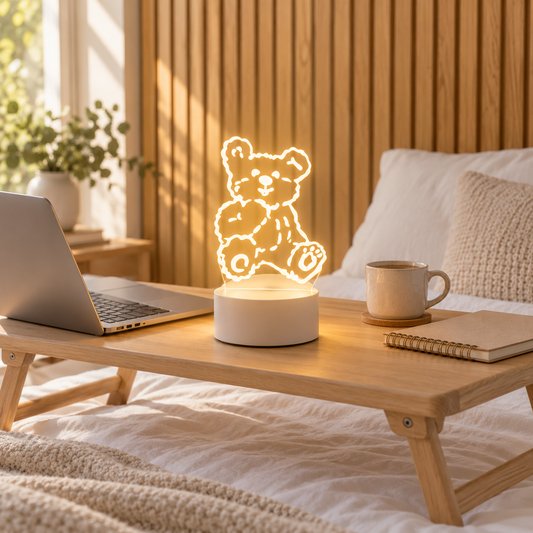 Teddy Bear 3D acrylic LED lamp by Dreamuno on a wooden bedside table