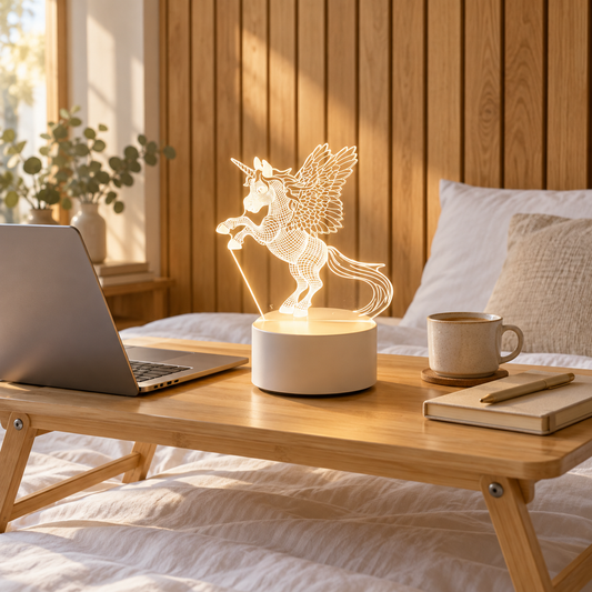 Winged Unicorn 3D acrylic LED lamp by Dreamuno on a wooden bedside table