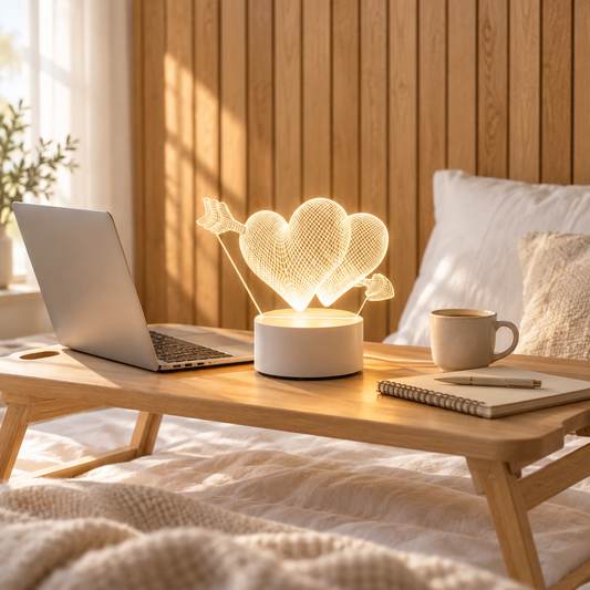 Twin Hearts & Arrow 3D acrylic LED lamp by Dreamuno on a wooden bedside table