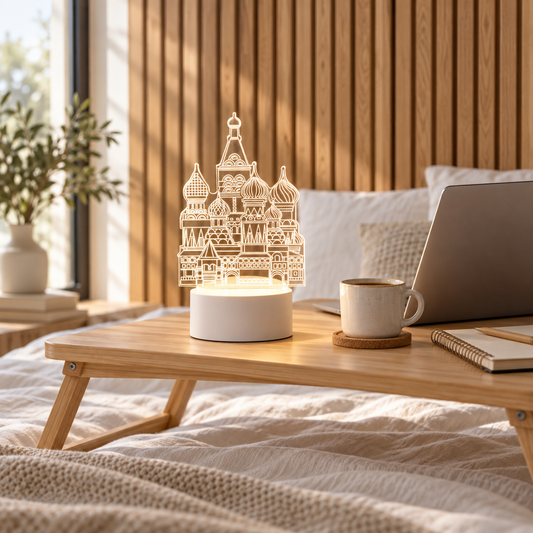 Onion-Dome Cathedral 3D acrylic LED lamp by Dreamuno on a wooden bedside table