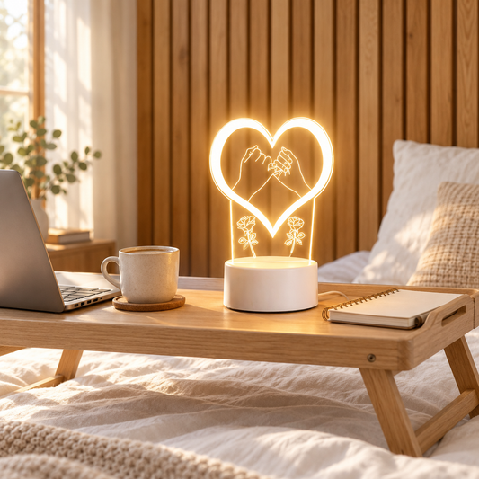 Heart Hands 3D acrylic LED lamp by Dreamuno on a wooden bedside table