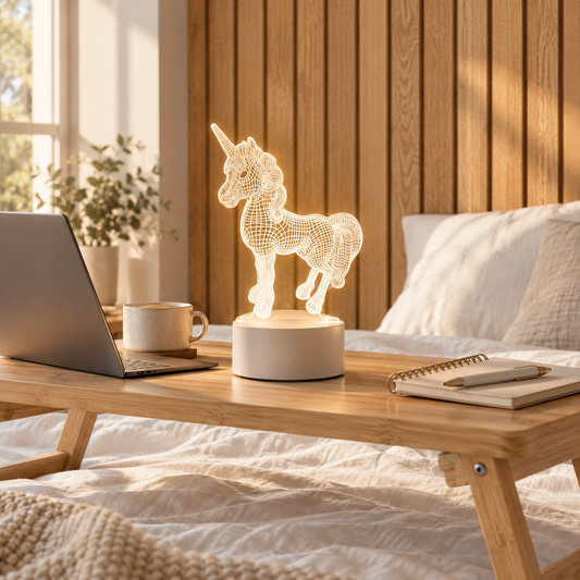 Unicorn 3D acrylic LED lamp by Dreamuno on a wooden bedside table