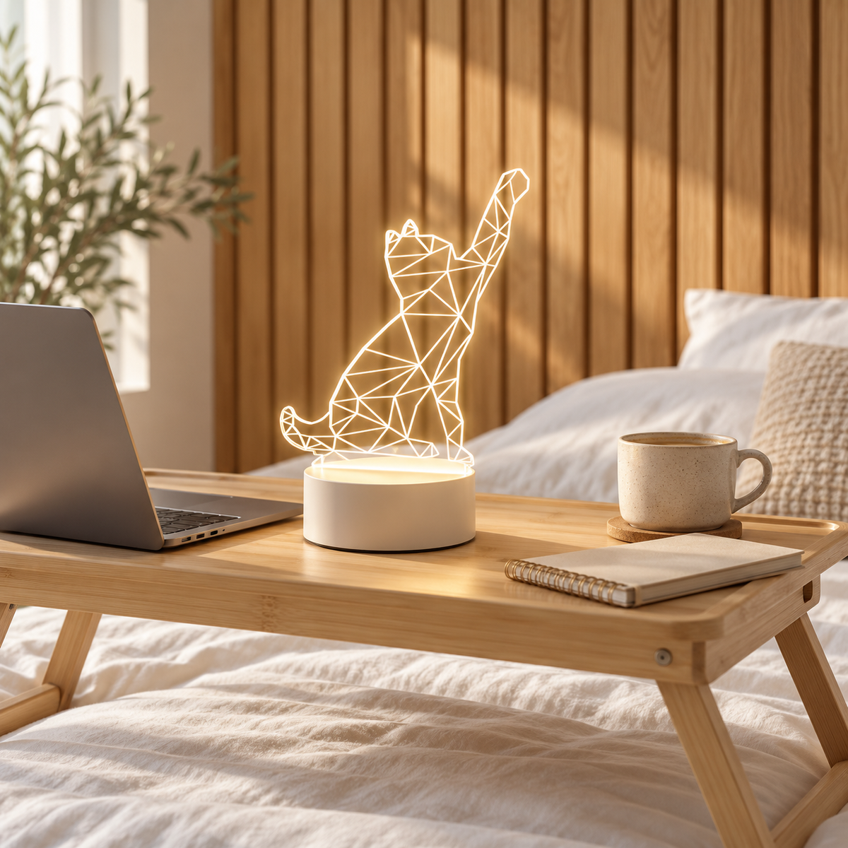 Geometric Cat 3D acrylic LED lamp by Dreamuno on a wooden bedside table