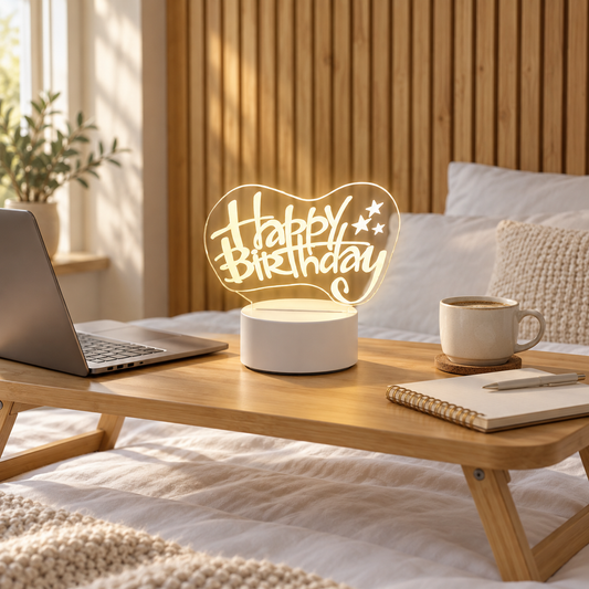 Happy Birthday 3D acrylic LED lamp by Dreamuno on a wooden bedside table