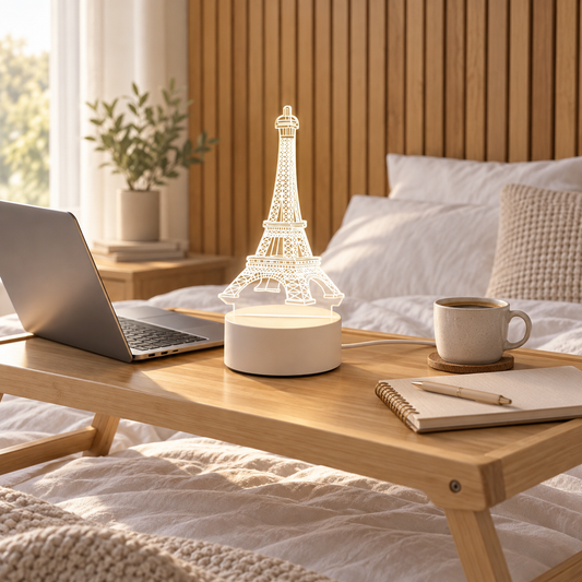 Eiffel Tower 3D acrylic LED lamp by Dreamuno on a wooden bedside table