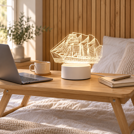 Tall Ship 3D acrylic LED lamp by Dreamuno on a wooden bedside table